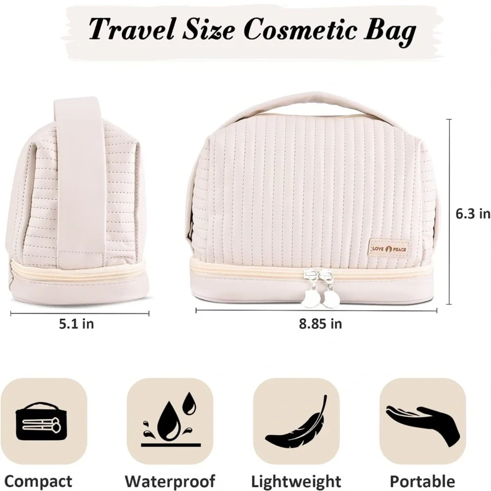 Large Makeup Bag Double Layer Cosmetic Travel Portable Leather Toiletry‎
